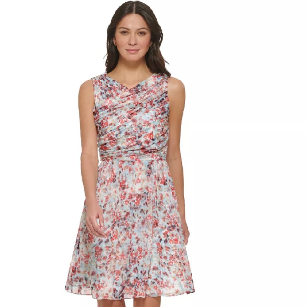 NWT-DKNY-Women's Printed Sleeveless Gathered-Bodice Dress